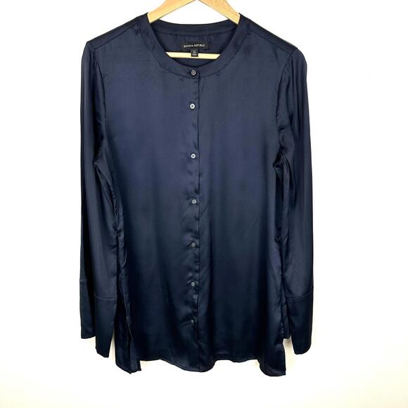 Banana Republic Navy Long Sleeve Tie Waist Button Down Blouse Tunic Top Medium T - Picture 2 of 7